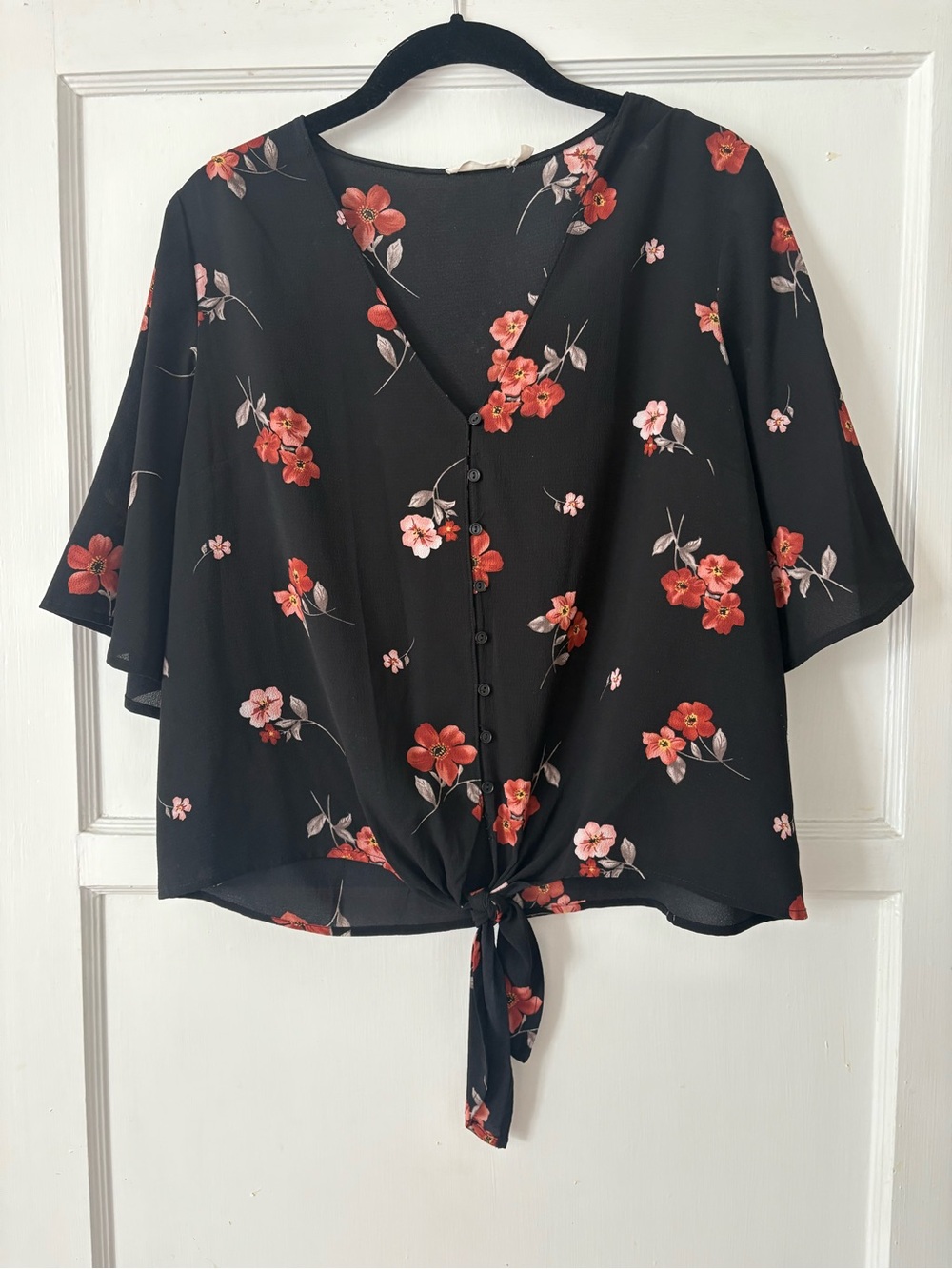 Lush Black Floral Tie-Front Blouse